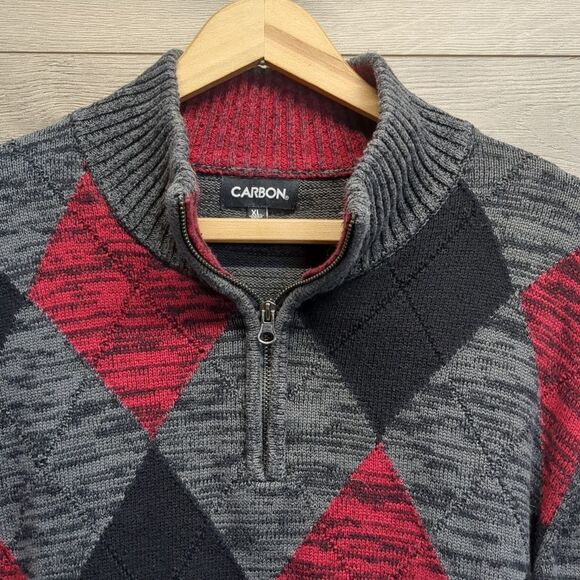 Carbon Men's Red and Black Argyle Pullover 1/4 zip Sweater Size XL - Picture 2 of 7